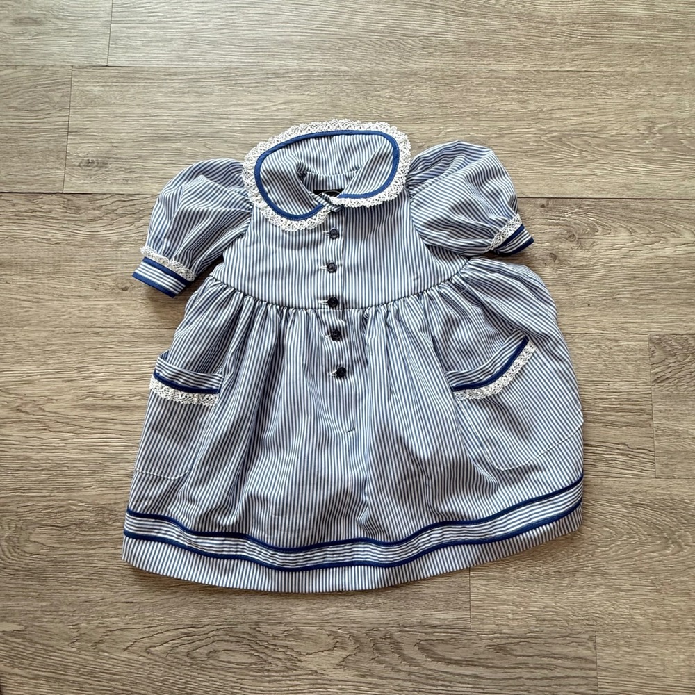 Vtg Ruth Treffeisen Doll Blue White Striped Lace Trim Peter Pan Collar Dress